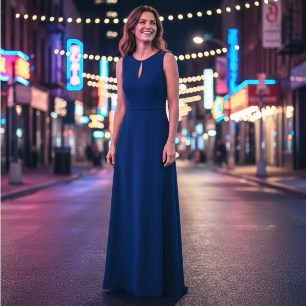 Kay Unger Cobalt Royal Blue Keyhole Front Sleeveless Midi Cocktail Dress Sz 2